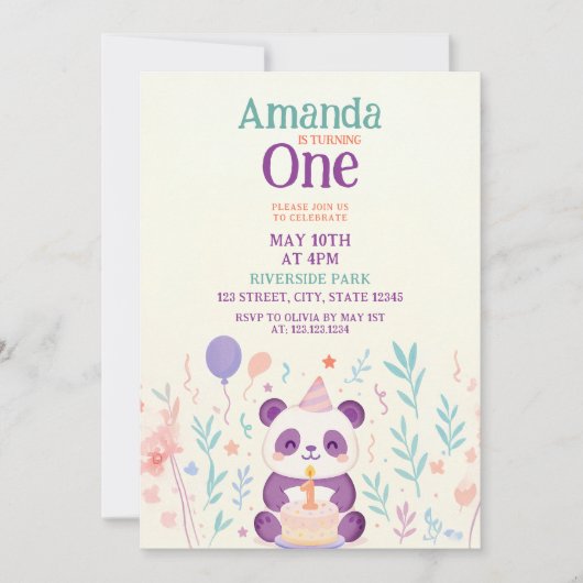 Lila Panda mit Blumengarten Szene 1. Geburtstag Einladung (Vorderseite)
