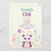 Lila Panda mit Blumengarten Szene 1. Geburtstag Einladung (Vorne/Hinten)