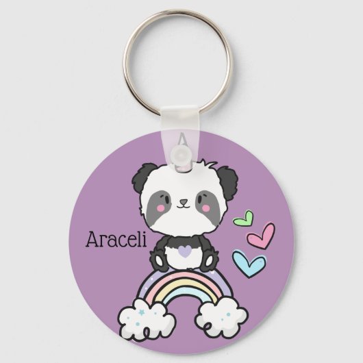 Lila Panda Unicorn auf Rainbow Personalisiert Schlüsselanhänger (Vorderseite)