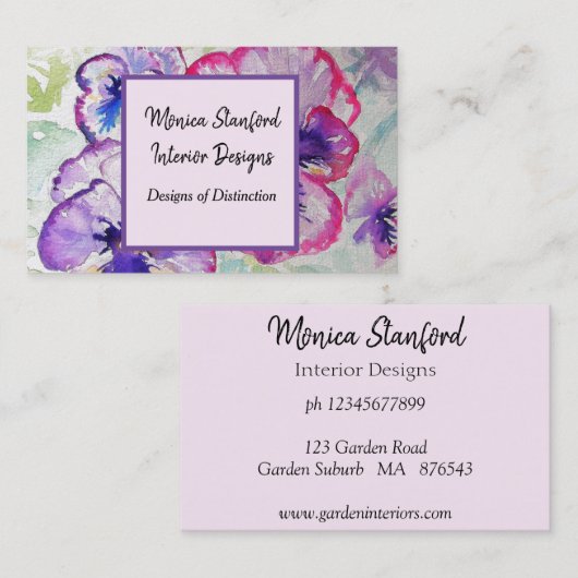 Lila Pansy Blume Aquarell Business Card Visitenkarte (Vorne/Hinten)