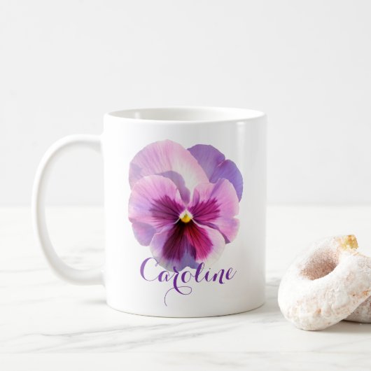 Lila Pansy Blume Individuelle Name Kaffeetasse (Mit Donut)