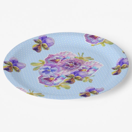 Lila Pansy-Dot-Blume-Musterpapierplatte Party Pappteller (Schrägansicht)