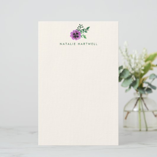 Lila Pansy Personalisiert Linen Stationery Briefpapier (Stehend Vorderseite)