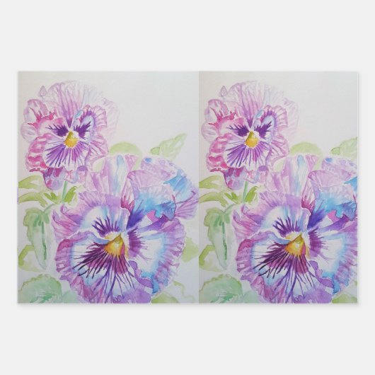 Lila Pansy Stiefmütterchen Blume Aquarellmalerei Geschenkpapier Set (Vorderseite)