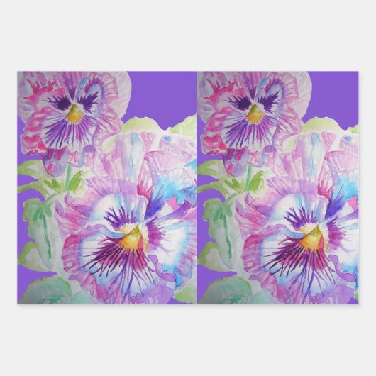 Lila Pansy Stiefmütterchen Blume Aquarellmalerei Geschenkpapier Set (Vorderseite)