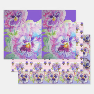 Lila Pansy Stiefmütterchen Blume Aquarellmalerei Geschenkpapier Set