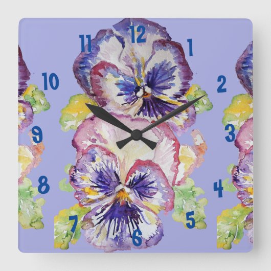 Lila Pansy Watercolor Frauen Bürouhr Quadratische Wanduhr (Vorderseite)