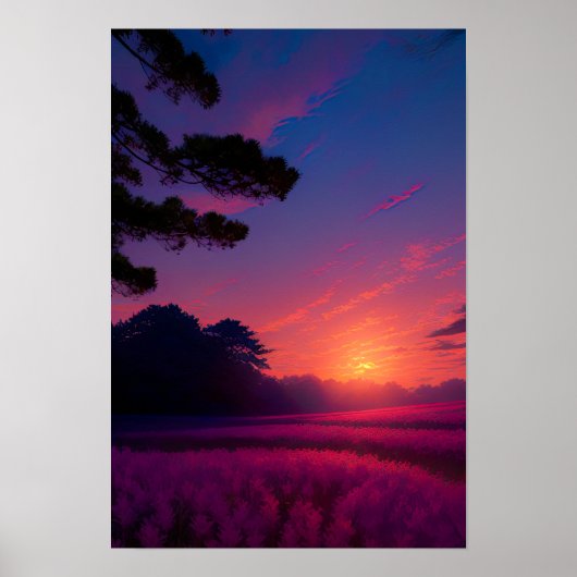 Lila Paradies, Sonnenuntergang über einem Feld Poster (Vorne)