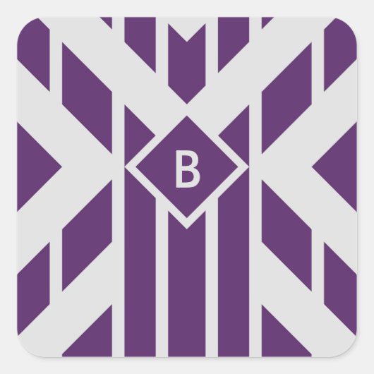 Lila Parallelogramm-Streifen auf Grau mit Monogram Quadratischer Aufkleber (Vorderseite)