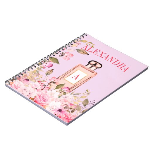 Lila Parfüm Flasche Hübsch Chic Monogramm Notizblock (Linke Seite)