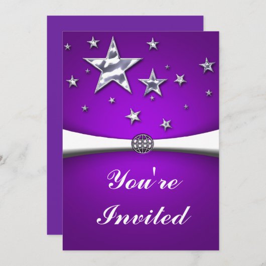 Lila Party Einladung der Silberstars (Vorne/Hinten)