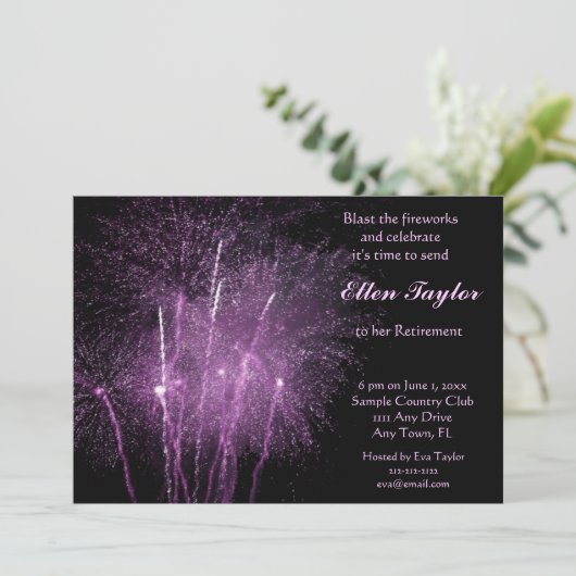Lila Party Einladung zur Einstellung von Feuerwerk (Stehend Vorderseite)