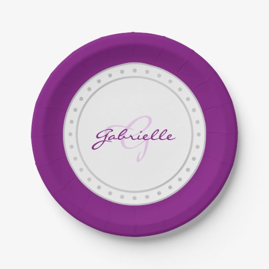 Lila Party | Name Violet Plum White Script | Pappteller (Vorderseite)