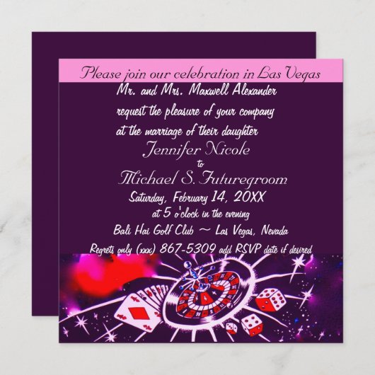 Lila Passion Vegas Thema Hochzeit Einladung (Vorne/Hinten)