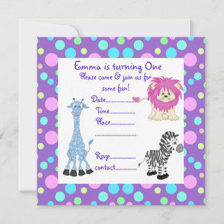 LILA PASTEL SPOT ZOO TIERE PARTY EINLADUNG