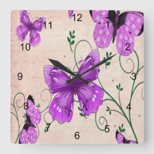 Lila Pastellschmetterlinge Quadratische Wanduhr