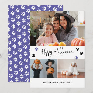 Lila Paw Print Pet Foto Happy Halloween Card Feiertagskarte