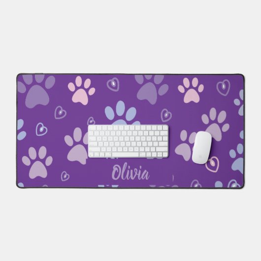 Lila Paw Prints & Hearts-Desk Mat Schreibtischunterlage (Tastatur & Maus)