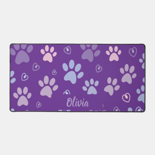 Lila Paw Prints & Hearts-Desk Mat Schreibtischunterlage (Vorderseite)