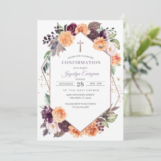 Lila Peach Floral Fall Bestätigung Einladung (Stehend Vorderseite)