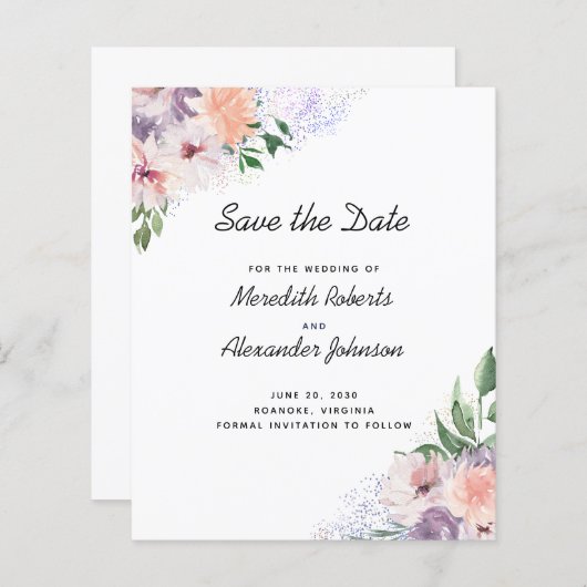 Lila Peach floral QR-Code Save the Date (Vorne/Hinten)