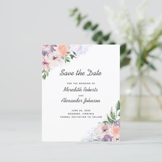 Lila Peach floral QR-Code Save the Date (Stehend Vorderseite)