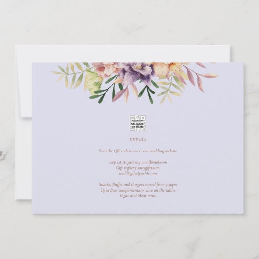 Lila Peach Summer Floral Wedite QR Code Einladung (Rückseite)
