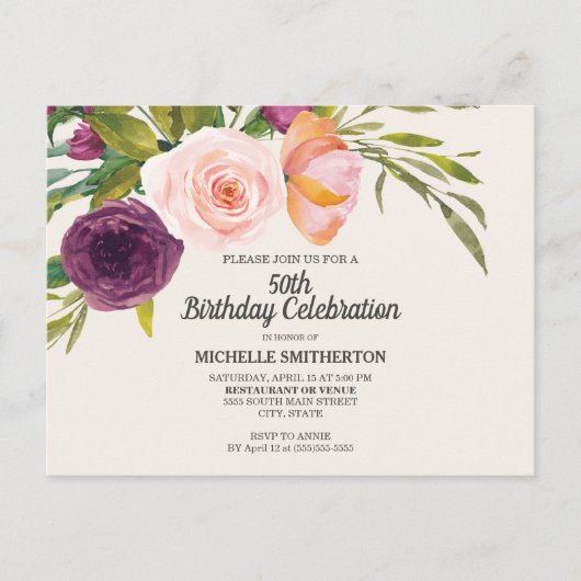 Lila Peach Wasserfarbe Blumenkohl Elfenbein 50. Ge Postkarte (Vorderseite)