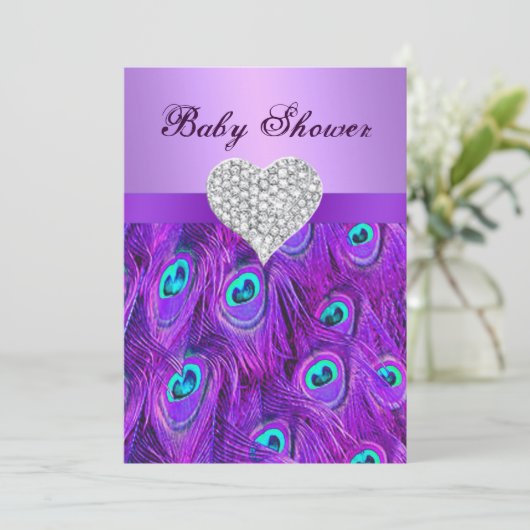 Lila Peacock Diamond Heart Babydusche lädt ein Einladung (Stehend Vorderseite)