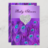 Lila Peacock Diamond Heart Babydusche lädt ein Einladung (Vorne/Hinten)