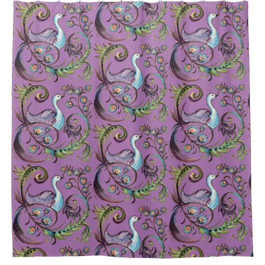 Lila Peacock Exotic Türkis Scroll Chinoiserie Duschvorhang (Vorderseite)