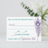 Lila Peacock Feather UAWG RSVP Karte (Stehend Vorderseite)