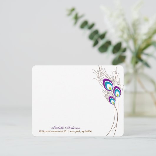 Lila Peacock Feathers Flat Mitteilungskarten (Stehend Vorderseite)