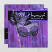 Lila Peacock Feathers Masquerade Party Einladung (Vorne/Hinten)
