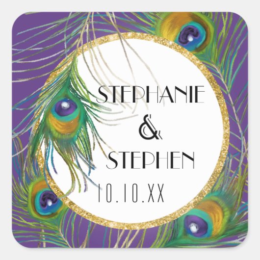 Lila Peacock Feathers w Gold Imitate Glitzer Siege Quadratischer Aufkleber (Vorderseite)