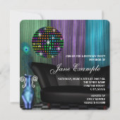 Lila Peacock Mirror Ball Diskothek Geburtstagspart Einladung (Rückseite)