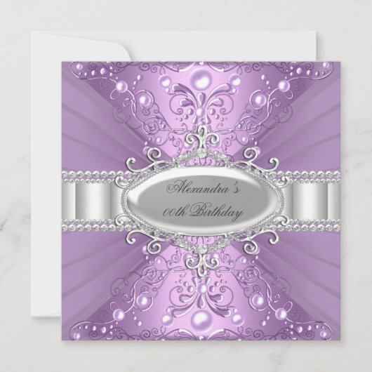 Lila Pearl & Diamond Damask Geburtstagseinladung Einladung (Vorderseite)