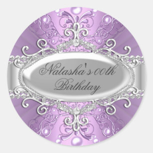 Lila Pearl & Diamond Damask Geburtstagsticker Runder Aufkleber