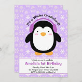 Lila Penguin Geburtstagseinladungen (Mädchen) Einladung (Vorne/Hinten)