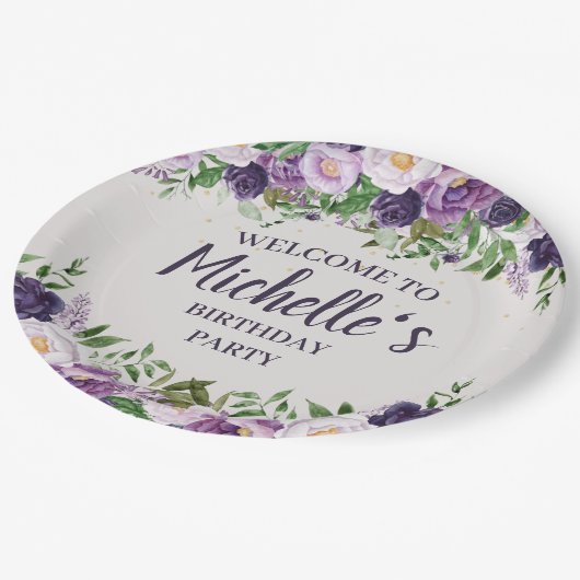 Lila Peonies Blumenfrauen Geburtstag Willkommen Pappteller (Schrägansicht)