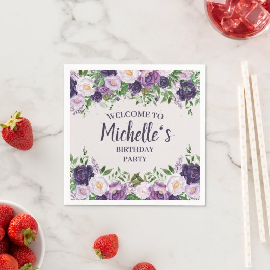 Lila Peonies Blumenfrauen Geburtstag Willkommen Serviette (Beispiel)