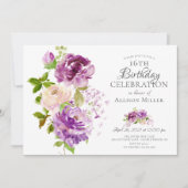 Lila Peonies Floral 16. Geburtstag Einladung (Vorderseite)