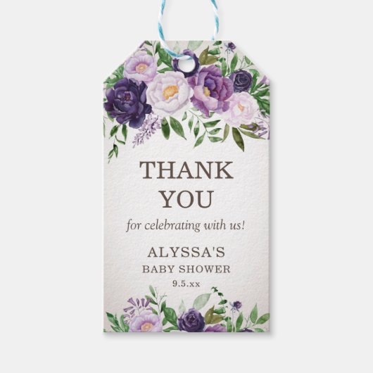 Lila Peonies Floral Baby Girl Dusche Vielen Dank Geschenkanhänger (Vorderseite)