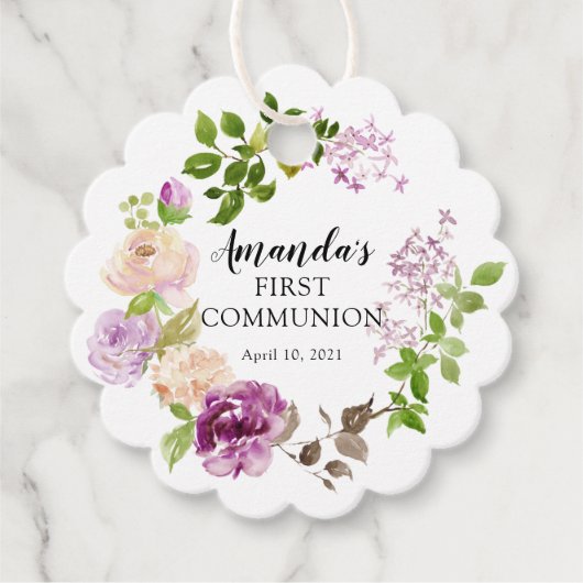 Lila Peonies Floral Erste Heilige Kommune Geschenkanhänger (Vorderseite)