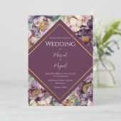Lila Peonies Floral Foto Moderne Hochzeit Einladung (Stehend Vorderseite)