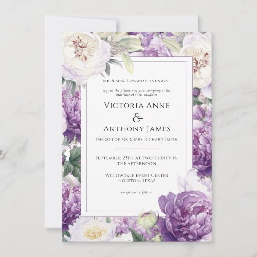 Lila Peonies Floral Moderne Hochzeit Einladung (Vorderseite)