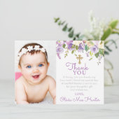 Lila Peonies Girl Baptisc Foto Dankeskarte (Stehend Vorderseite)