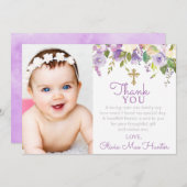 Lila Peonies Girl Baptisc Foto Dankeskarte (Vorne/Hinten)