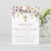 Lila Peonies Girl Christening Einladung (Stehend Vorderseite)