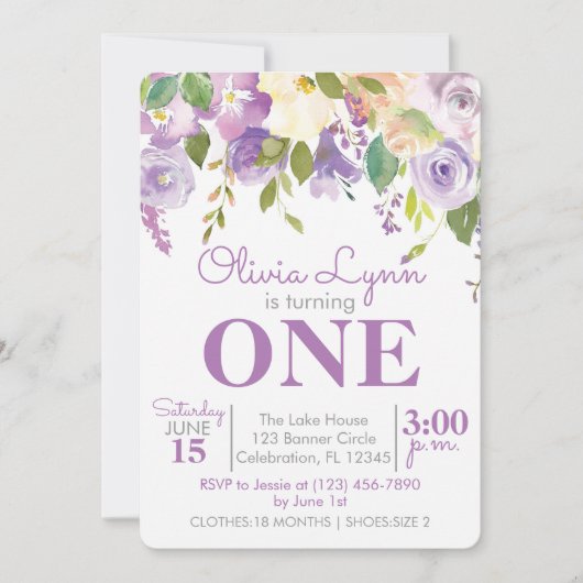 Lila Peonies Girl Einladung zum Geburtstag (Vorderseite)